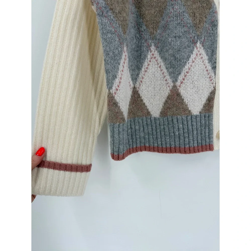 Rachel Zoe Argyle Cardigan Womens Small Cream Grey V-Neck Preppy Oxford Academia